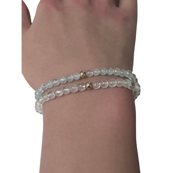 Moonstone & Clear Quartz Gemstone Stretch Bracelet with 14K Gold Accent Bead Han - Picture 6 of 7